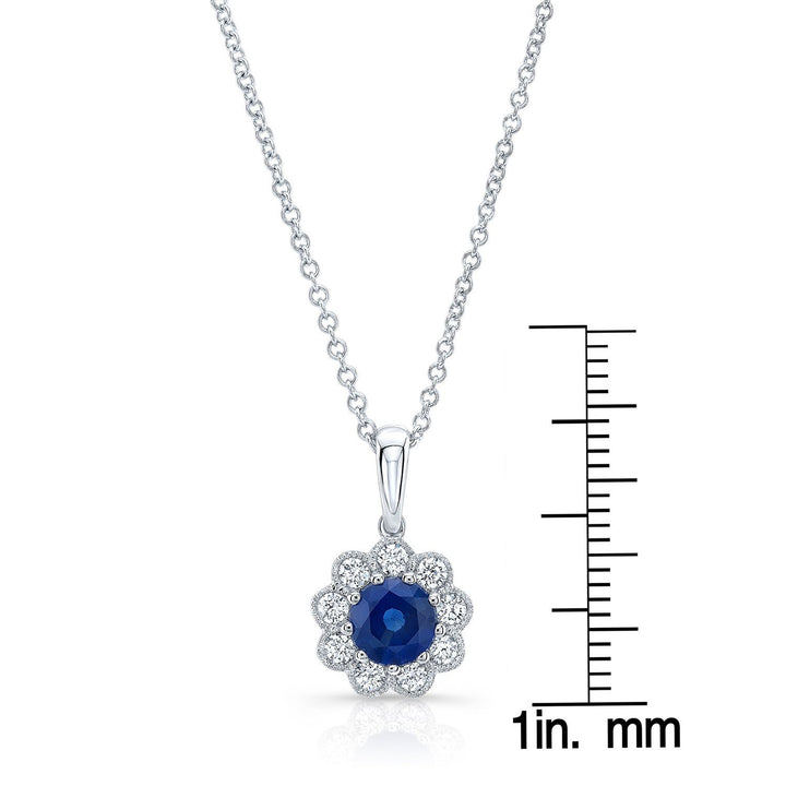Sapphire And Diamond Floral Pendant With Millgrained Edging And Tapered Bail In 14k White Gold (6mm)