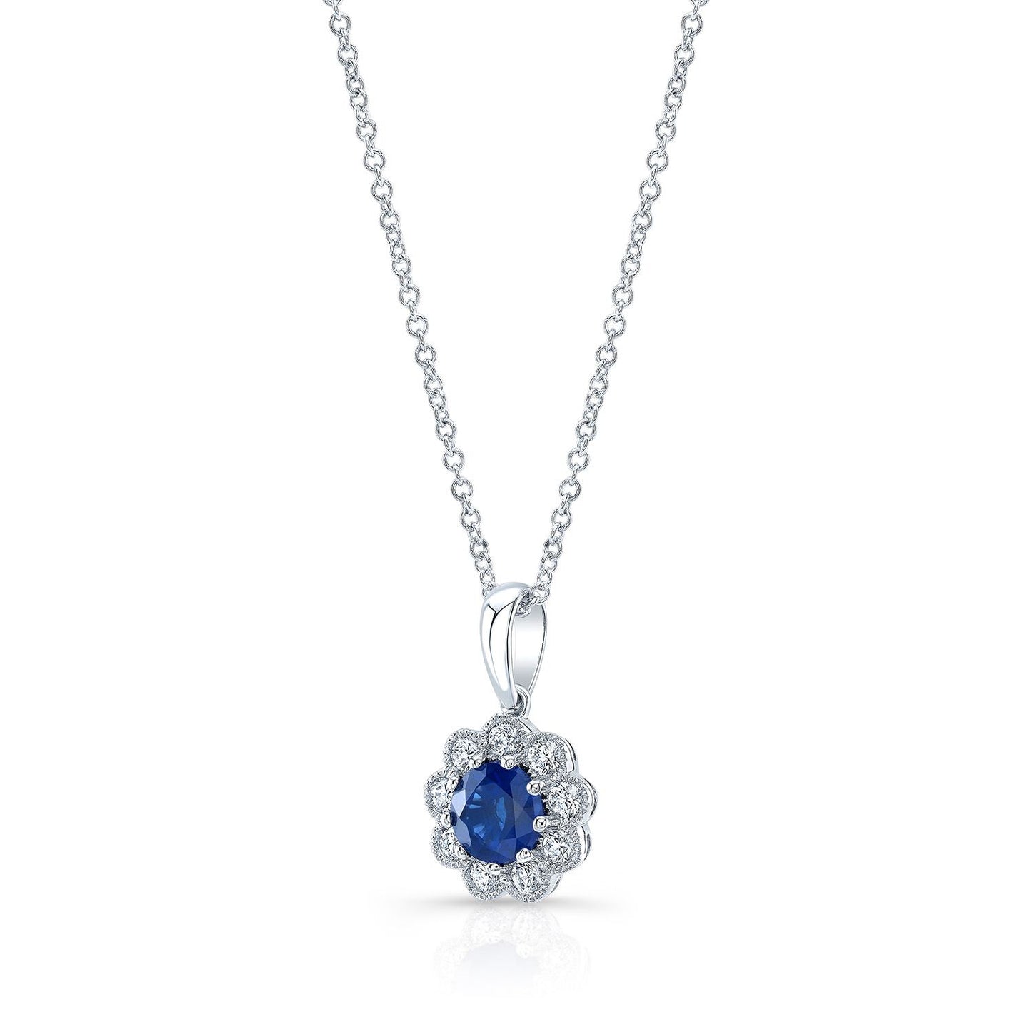 Sapphire And Diamond Floral Pendant With Millgrained Edging And Tapered Bail In 14k White Gold (6mm)