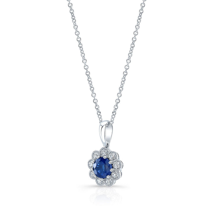 Sapphire And Diamond Floral Pendant With Millgrained Edging And Tapered Bail In 14k White Gold (6mm)
