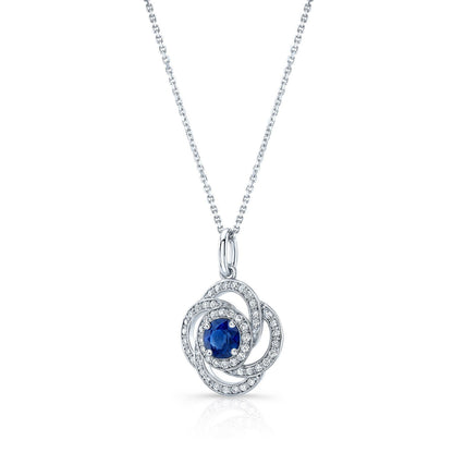 Sapphire And Diamond Round Pendant With Pave Love Knot Frame In 14k White Gold (5.5mm)