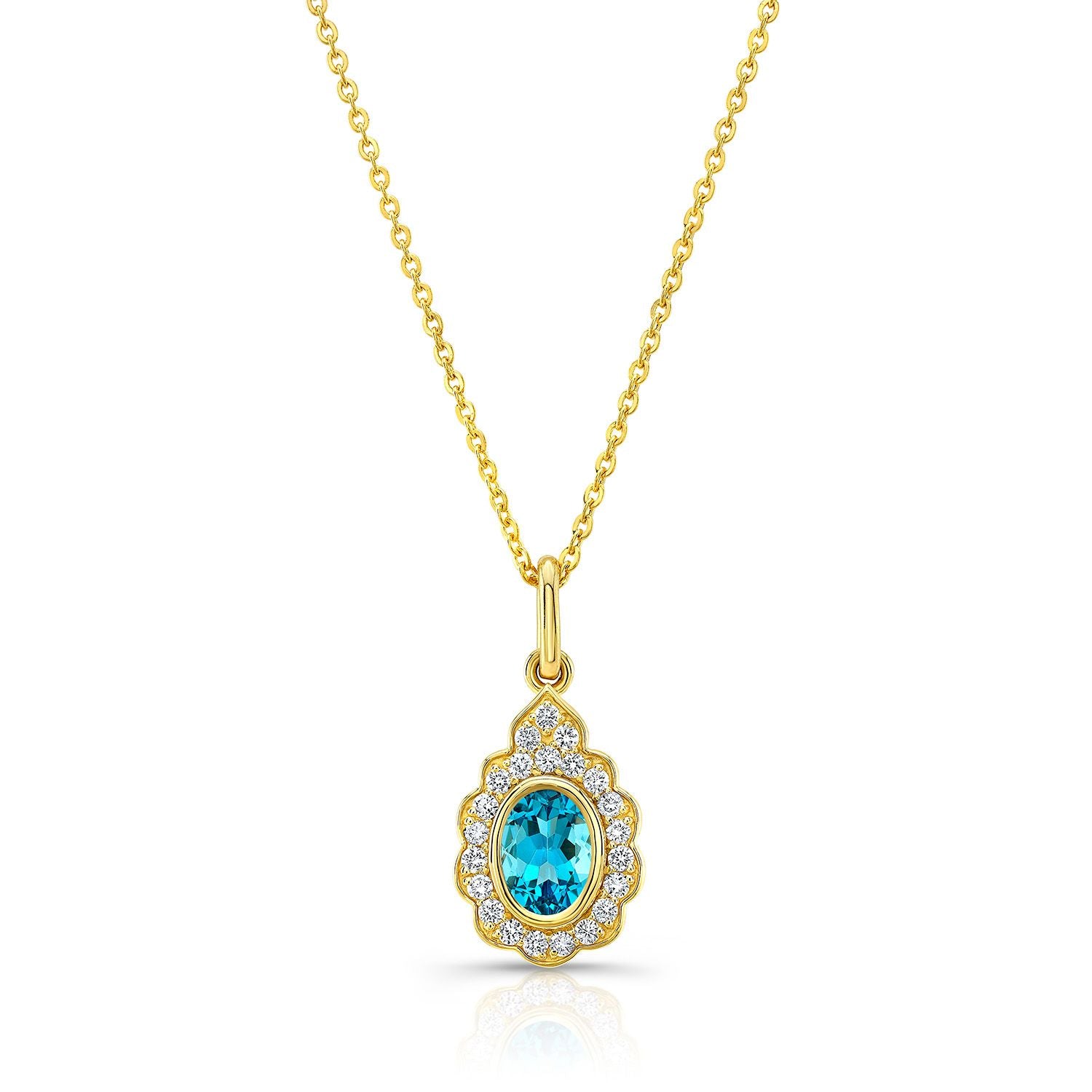 Blue Topaz And Diamond Oval Bezel Pendant With Teardrop Scallop Frame In 14k Yellow Gold (7x5mm) Adj Chain