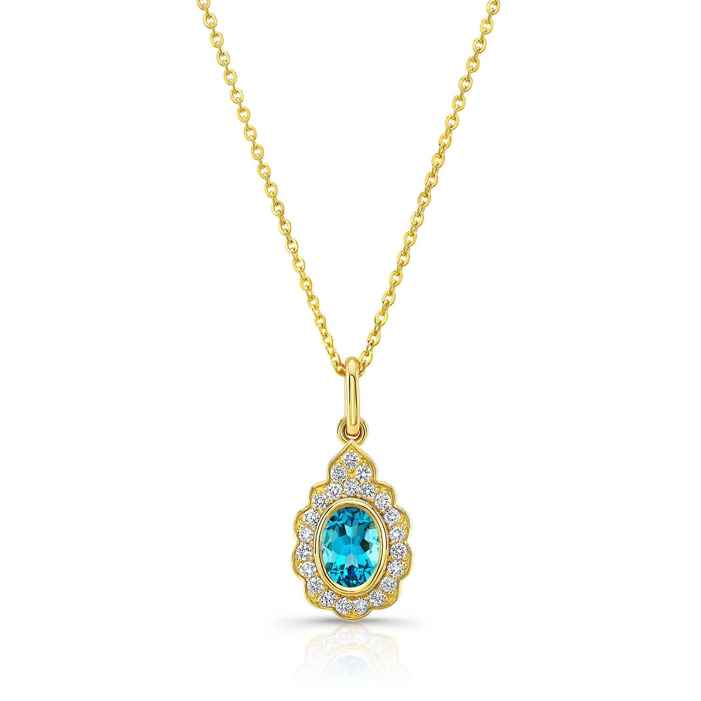 Blue Topaz And Diamond Oval Bezel Pendant With Teardrop Scallop Frame In 14k Yellow Gold (7x5mm) Adj Chain