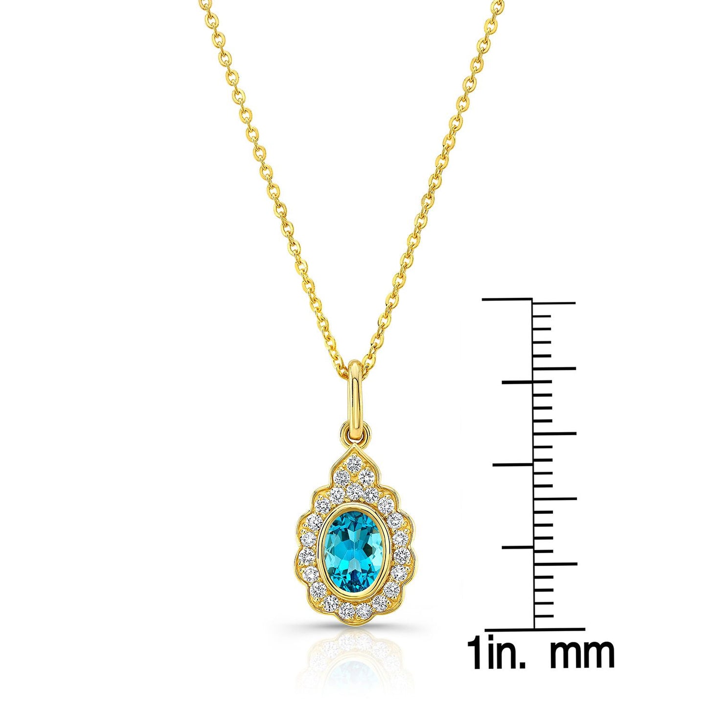 Blue Topaz And Diamond Oval Bezel Pendant With Teardrop Scallop Frame In 14k Yellow Gold (7x5mm) Adj Chain