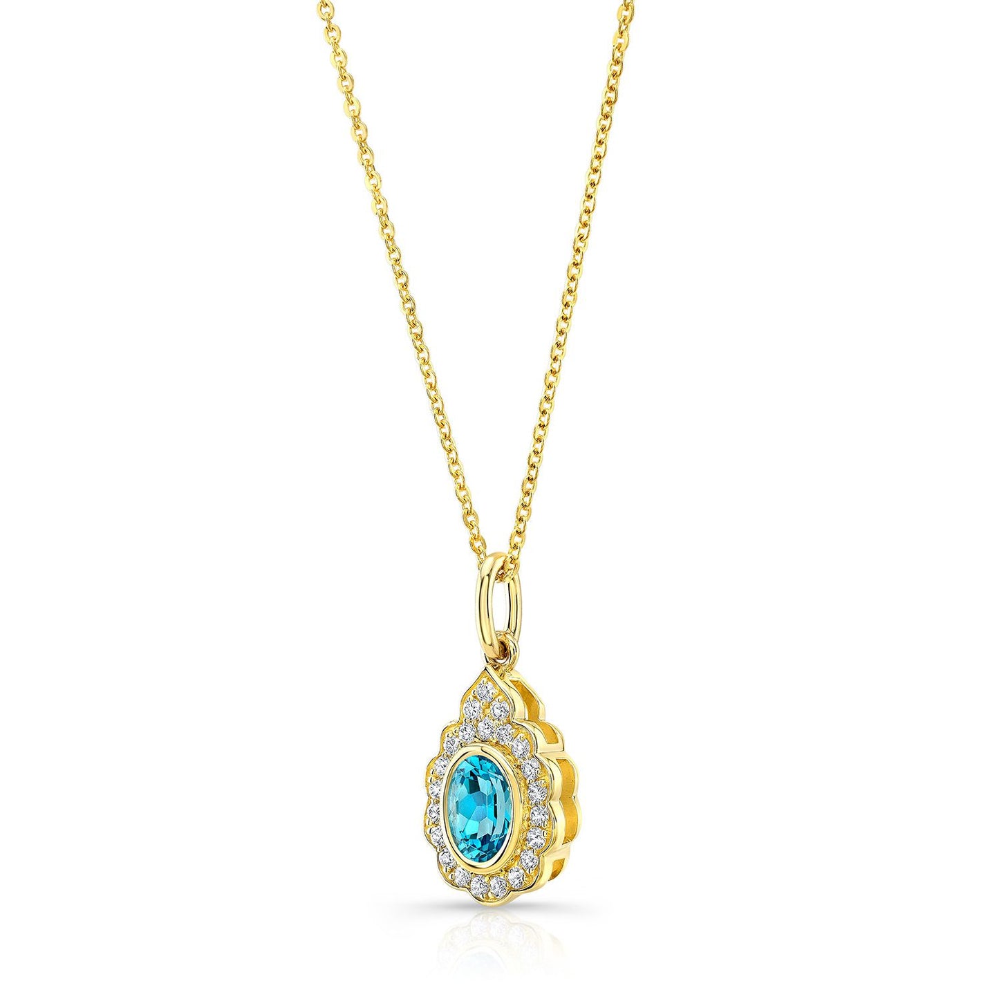 Blue Topaz And Diamond Oval Bezel Pendant With Teardrop Scallop Frame In 14k Yellow Gold (7x5mm) Adj Chain