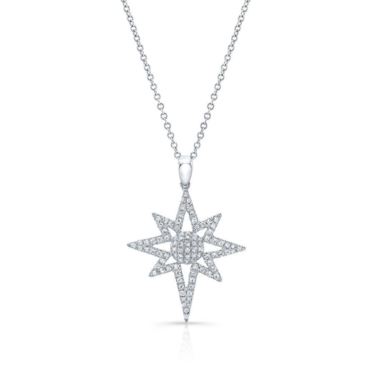 Diamond Polar Star Pendant With Pave Dome Core In 14k White Gold, 16-18 Adjustable Chain