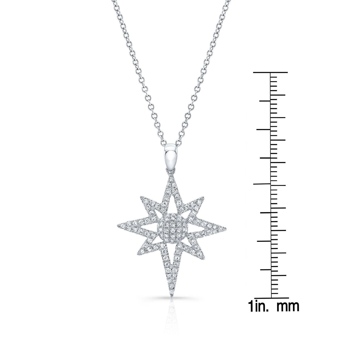 Diamond Polar Star Pendant With Pave Dome Core In 14k White Gold, 16-18 Adjustable Chain