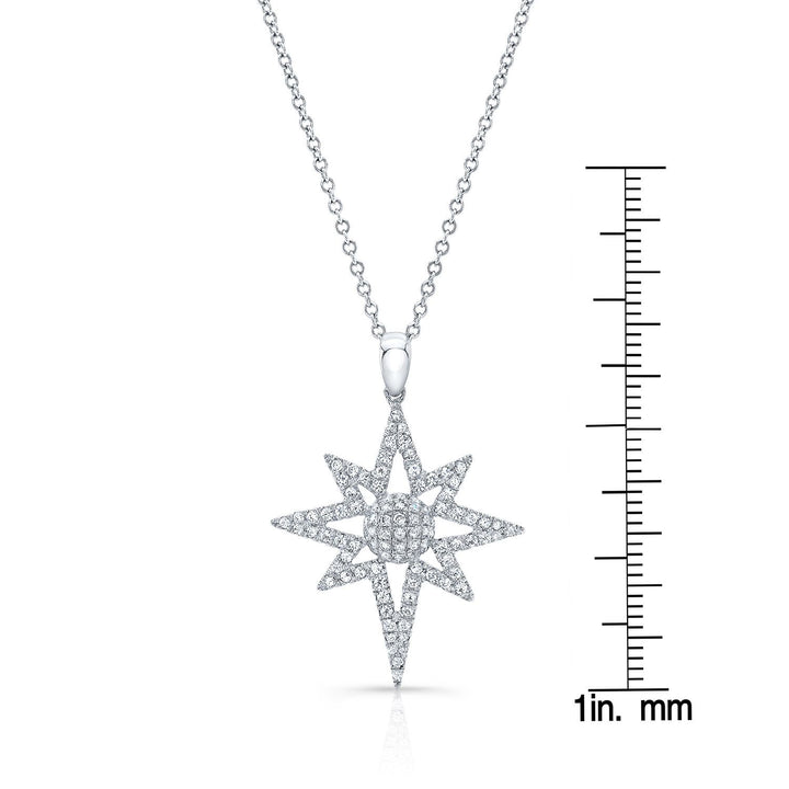 Diamond Polar Star Pendant With Pave Dome Core In 14k White Gold, 16-18 Adjustable Chain