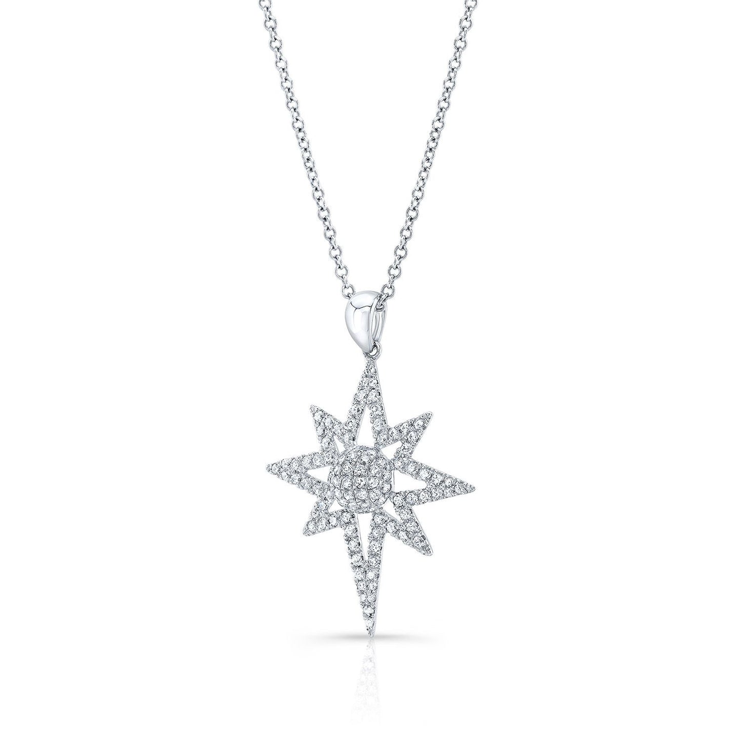 Diamond Polar Star Pendant With Pave Dome Core In 14k White Gold, 16-18 Adjustable Chain
