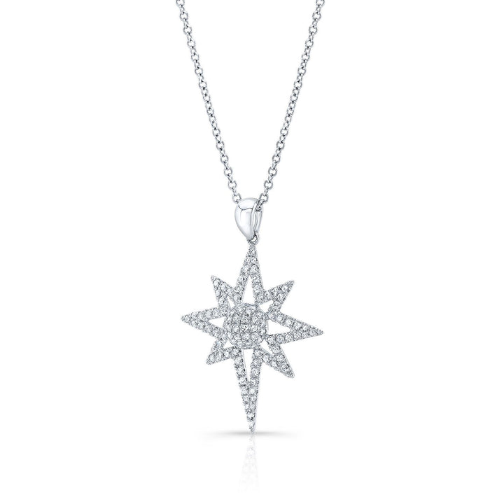 Diamond Polar Star Pendant With Pave Dome Core In 14k White Gold, 16-18 Adjustable Chain