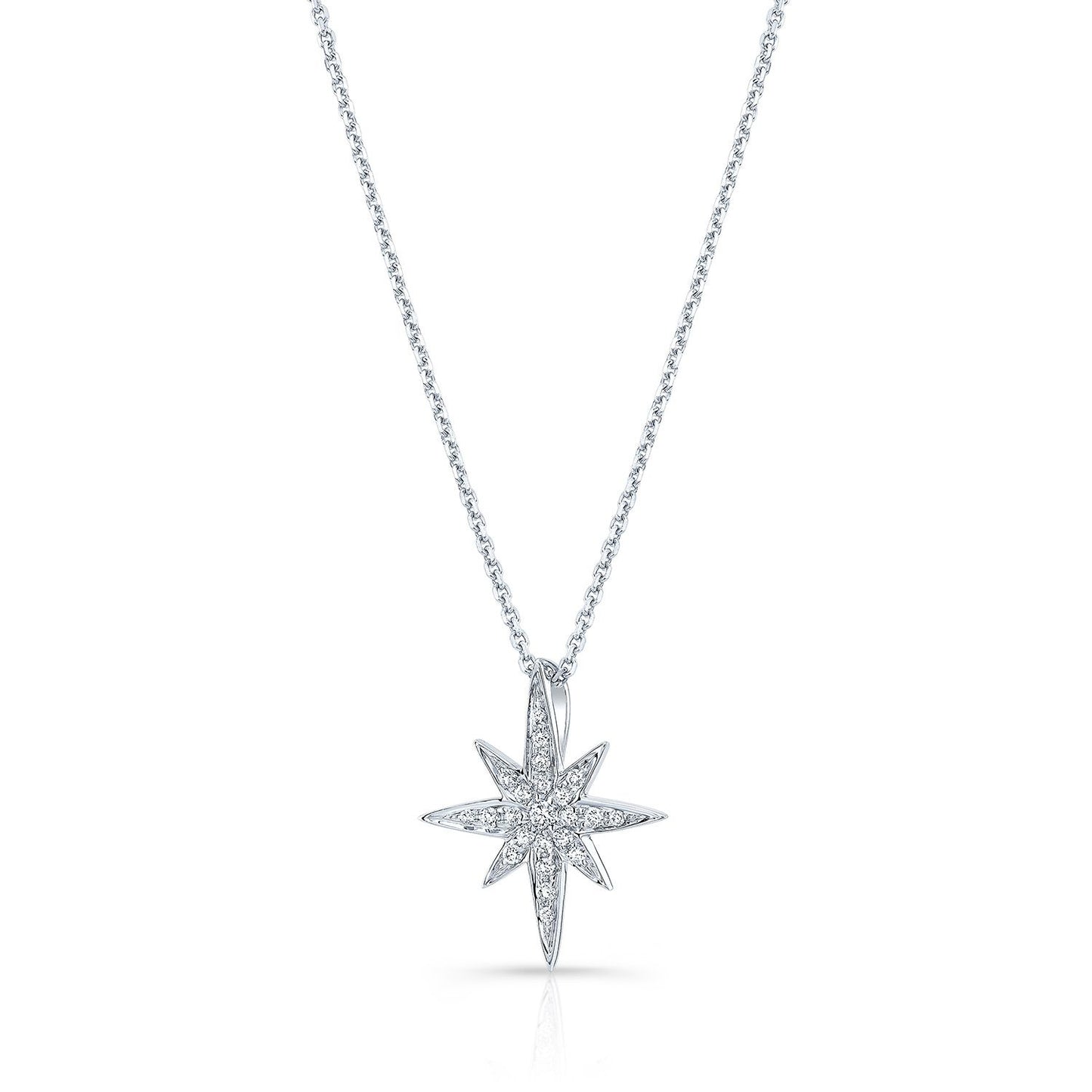 Diamond Pave North Star Pendant In 14k White Gold, 17-inch Chain