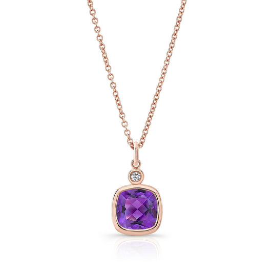 Amethyst Cushion Bezel Pendant With Single Diamond Accented Fine Bail In 14k Rose Gold (8mm) 16-18 Inch Adj Chain
