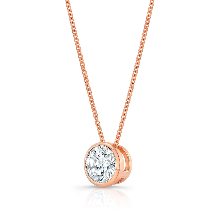 Round (full Cut) Diamond Solitaire Pendant In A 14k Rose Gold Bezel Slide Setting, 0.55ct. T.w. (hi, Si1-si2)