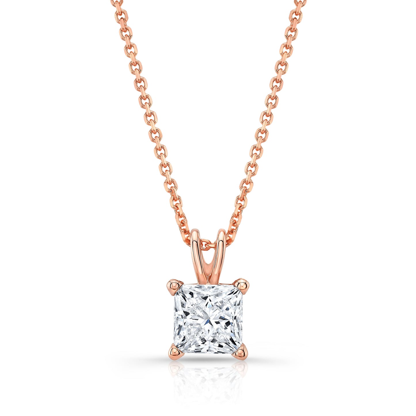 Princess Diamond Solitaire Pendant In A 14k Rose Gold 4-prong Basket Setting, 2ct. T.w. (hi, Si1-si2)
