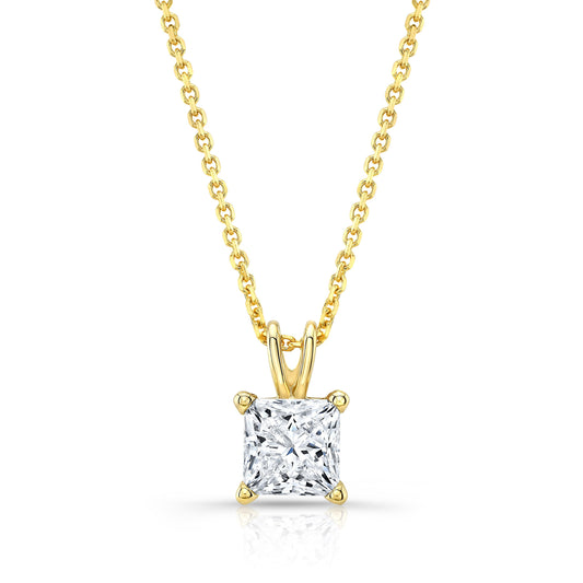 Princess Diamond Solitaire Pendant In A 14k Yellow Gold 4-prong Basket Setting, 1.5ct. T.w. (hi, Si1-si2)