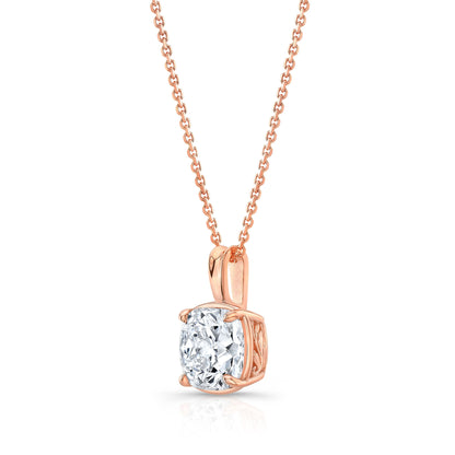 Cushion Diamond Solitaire Pendant In A 14k Rose Gold 4-prong Leaf Scroll Setting, 3ct. T.w. (hi, Si1-si2)