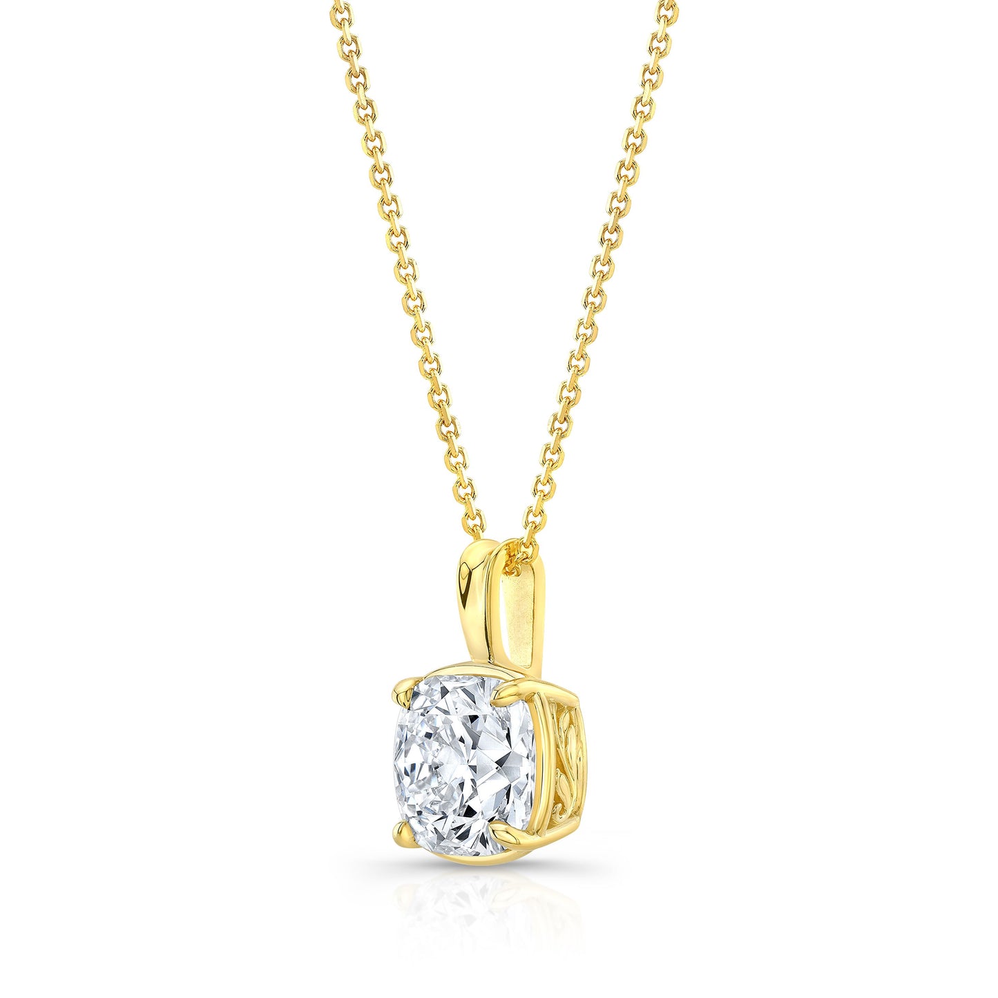 Cushion Diamond Solitaire Pendant In A 14k Yellow Gold 4-prong Leaf Scroll Setting, 2.24ct. T.w. (i, Vs1 Gia)