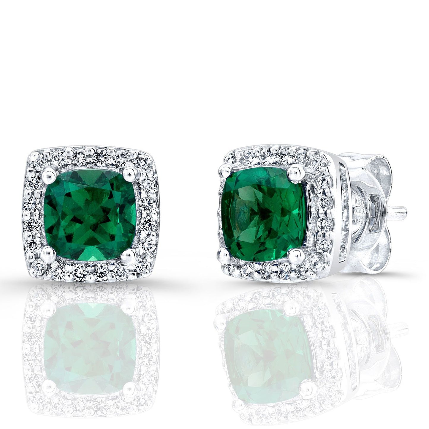 Created Emerald And Diamond Square Halo Earrings In 14k White Gold