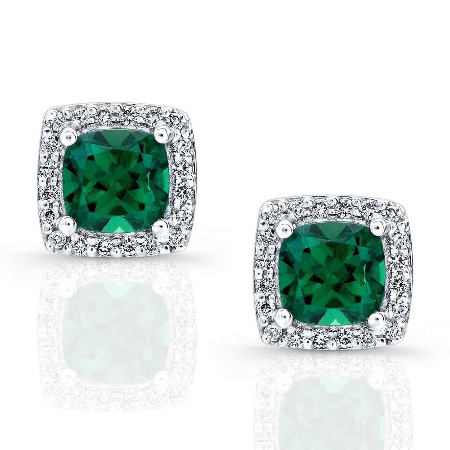 Created Emerald And Diamond Square Halo Earrings In 14k White Gold