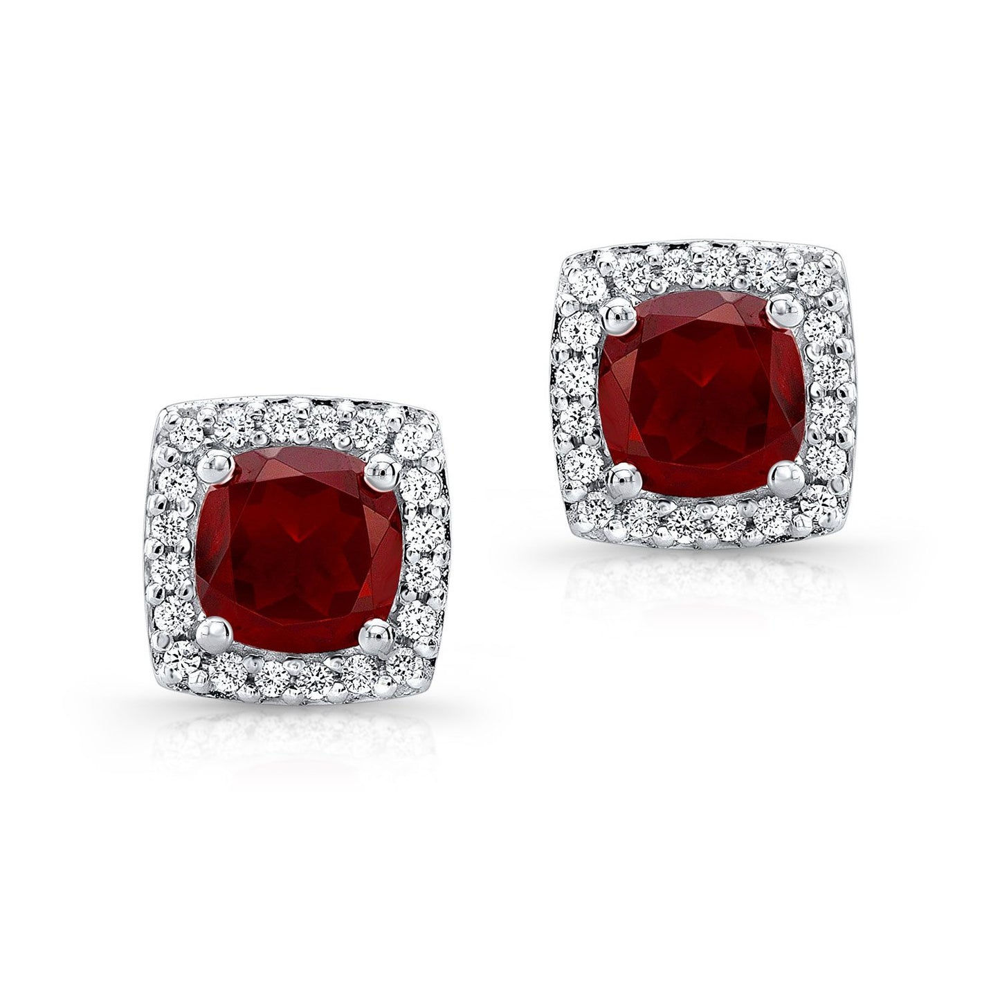 Garnet And Diamond Cushion Halo Earrings In 14k White Gold