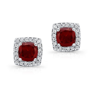 Garnet And Diamond Cushion Halo Earrings In 14k White Gold – side profile | RockHer