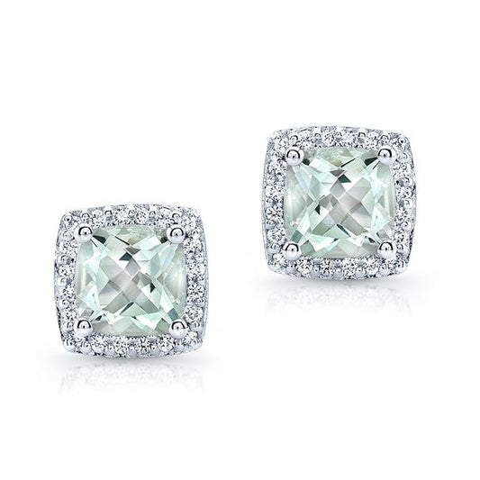 Green Quartz And Pave Diamond Earrings In 14k White Gold