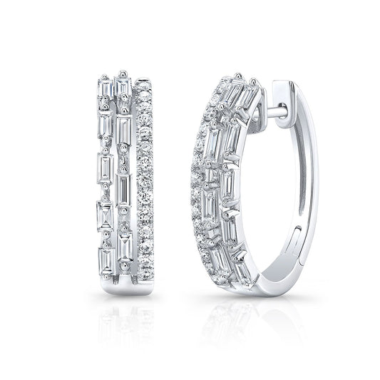 Diamond Baguette And Round Brilliant Multi-row Oval Hinged Hoop Earring In 14k White Gold