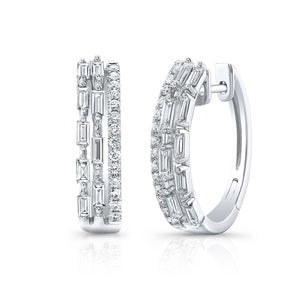 Diamond Baguette And Round Brilliant Multi-row Oval Hinged Hoop Earring in 14K White Gold | RockHer