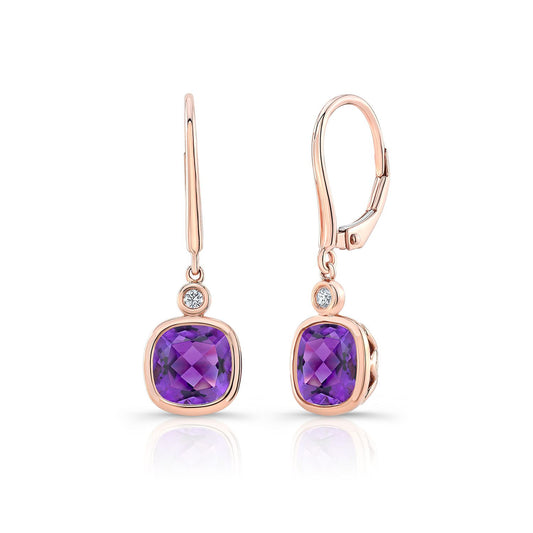 Amethyst Cushion Bezel Dangle Earrings With Diamond Accented Leverbacks In 14k Rose Gold (7mm)