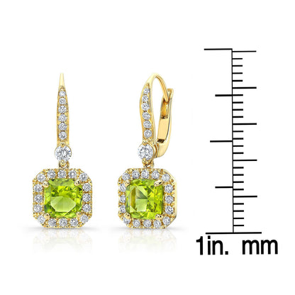 Peridot And Diamond Cushion Dangle Earrings With Pave Tops In 14k Yellow Gold (6mm)