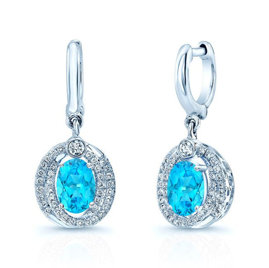 Swiss Blue Topaz Oval Cut & Diamond Earrings In 14k White Gold
