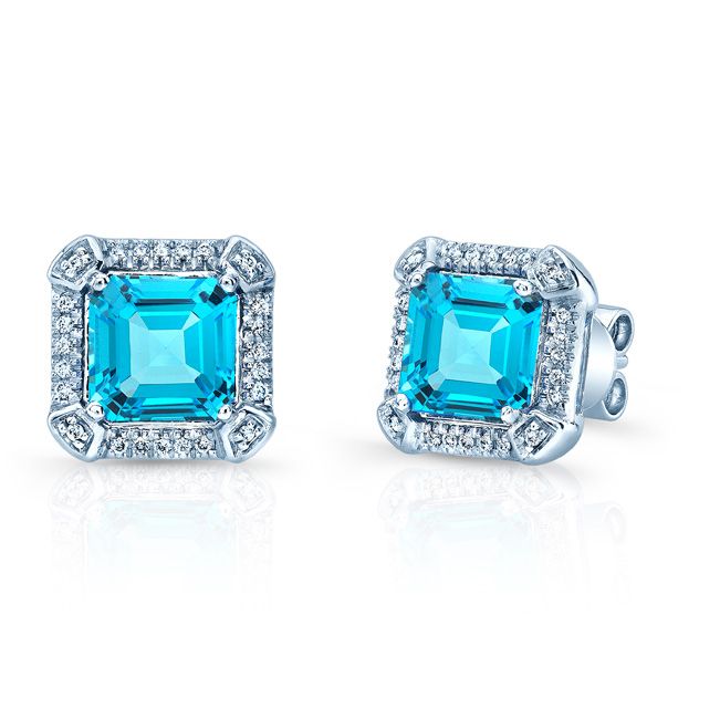 7mm Square Emerald Cut Swiss  Blue Topaz & Diamond Earrings In 14k White Gold