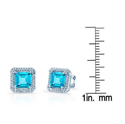 7mm Square Emerald Cut Swiss  Blue Topaz & Diamond Earrings In 14k White Gold