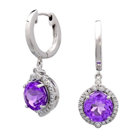 Amethyst & Diamond Round Dangle Earrings in 14K White Gold | RockHer