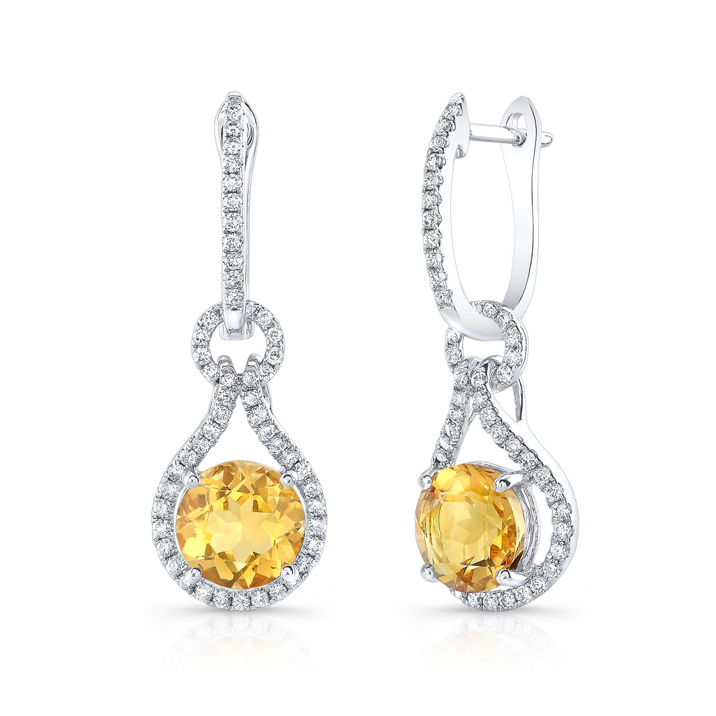 Citrine And Diamond Round Doorknocker Earrings In 14k White Gold (8mm)