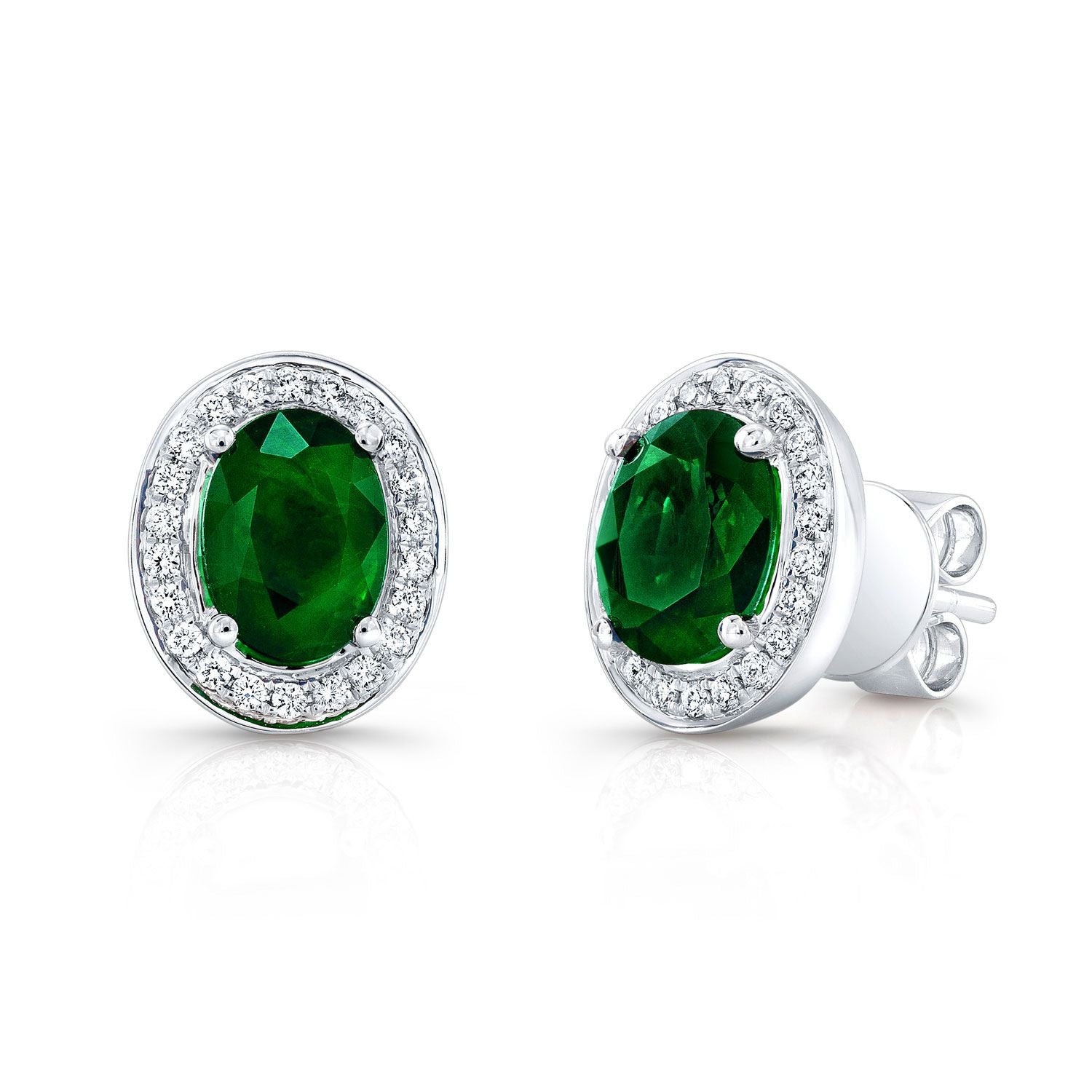 Emerald Oval And Diamond Earrings In 14k White Gold (8x6mm)