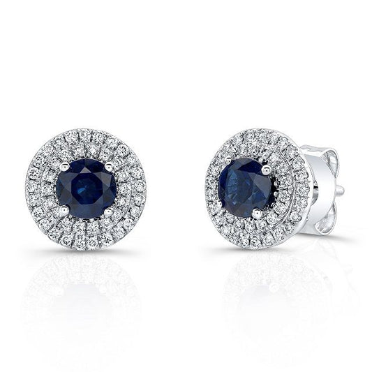 Sapphire And Diamond Double Halo Earrings In 14k White Gold (1/4 Ctw)
