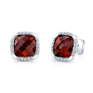 Garnet Cushion Stud Earrings in 14K White Gold | RockHer
