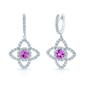Pink Sapphire And Diamond Dangle Flower Earrings in 14K White Gold | RockHer