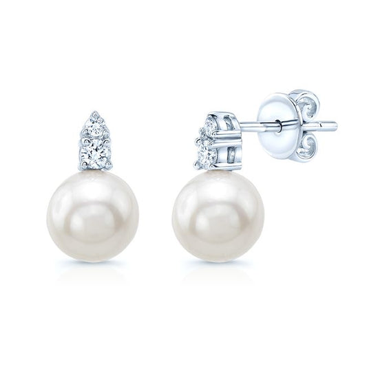 Pearl And Diamond Drop Earrings In 14k White Gold (1/8ctw)