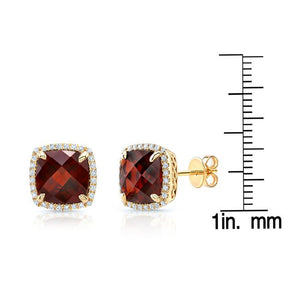 Garnet Cushion Stud Earrings in 14K Yellow Gold, scale reference | RockHer