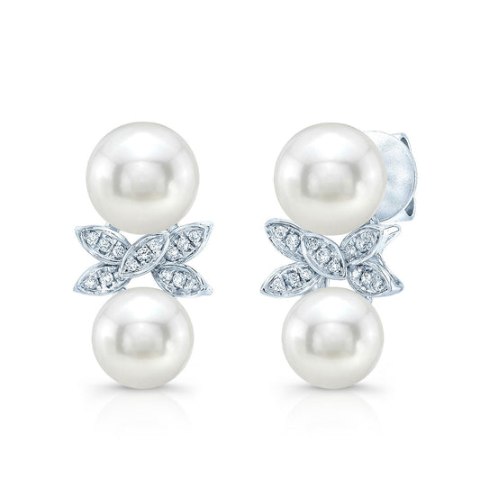 Fresh Water Pearl And Diamond Butterfly Earring In 14k White Gold