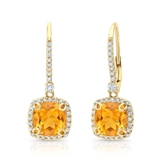 Citrine And Diamond Halo Cushion Dangle Earrings In 14k Yellow