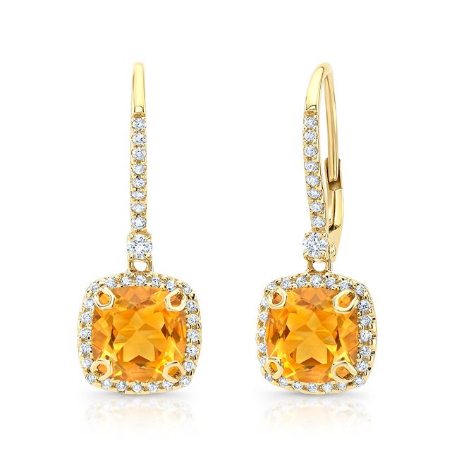 Citrine And Diamond Halo Cushion Dangle Earrings In 14k Yellow Gold (7mm)