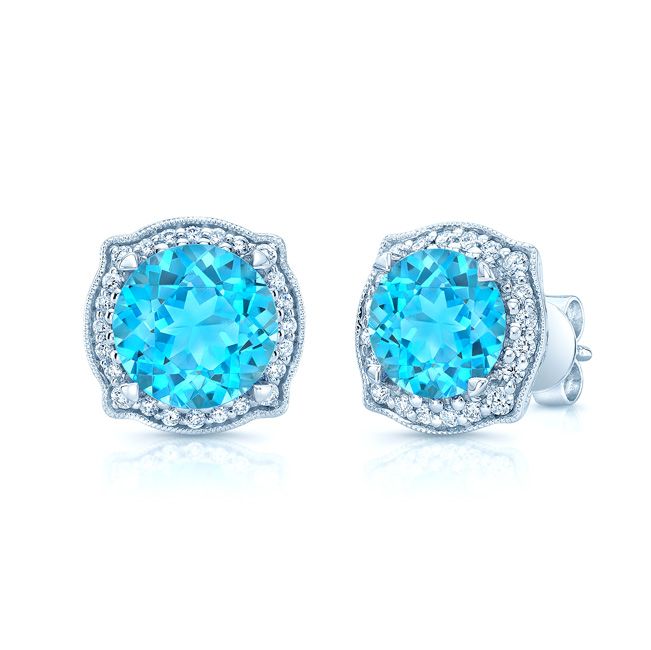 Blue Topaz And Diamond Round Halo Pinched Corner Earrings In 14k White Gold