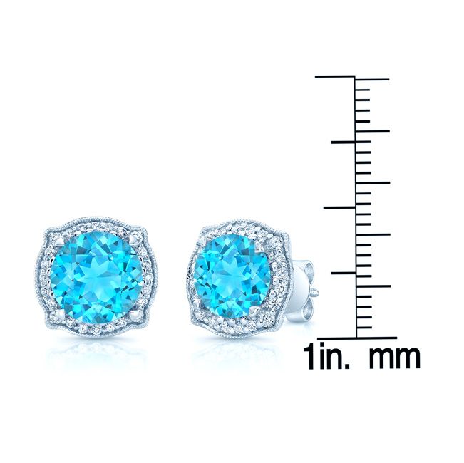 Blue Topaz And Diamond Round Halo Pinched Corner Earrings In 14k White Gold