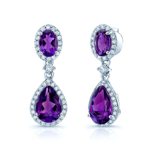 Amethyst And Diamond Pave Dangle Earrings In 14k White Gold (1/3 Ct.tw.)