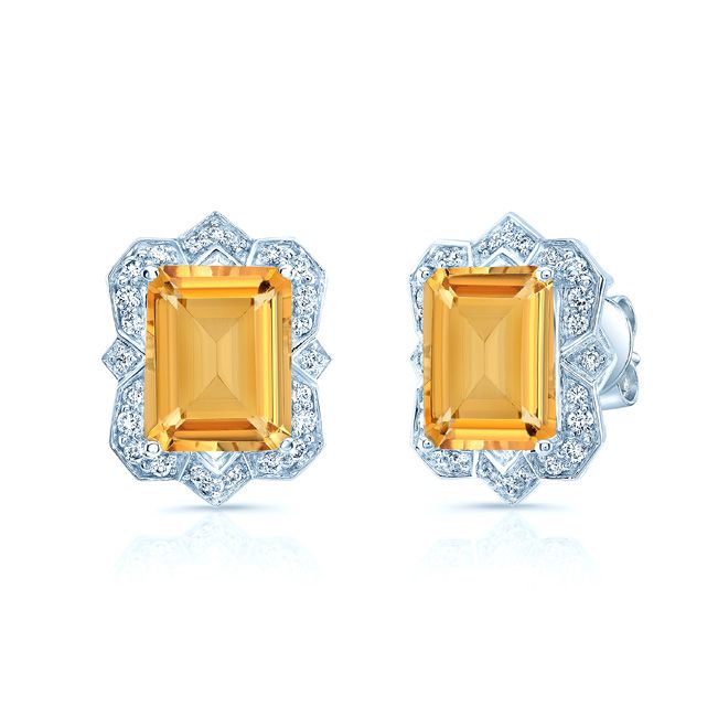 Citrine Emerald Cut And Diamond Earrings In 14k White Gold (1/5 Ct.tw.)