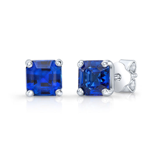 4 Prong Asscher Cut Sapphire Earrings In 14k White Gold