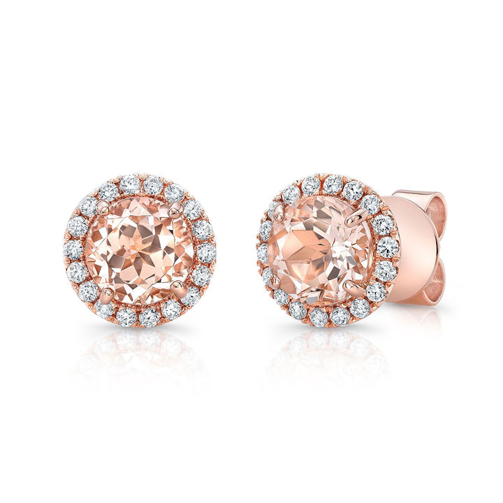 Morganite Round Brilliant Stud Earrings in 14K Rose Gold | RockHer