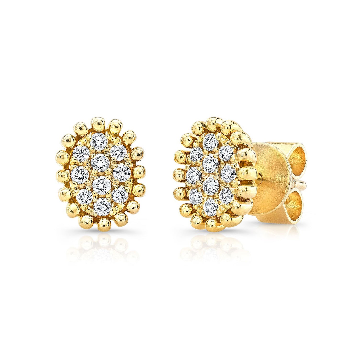 Diamond Pave Oval-shape Earrings With Beaded Border In 14k Yellow Gold